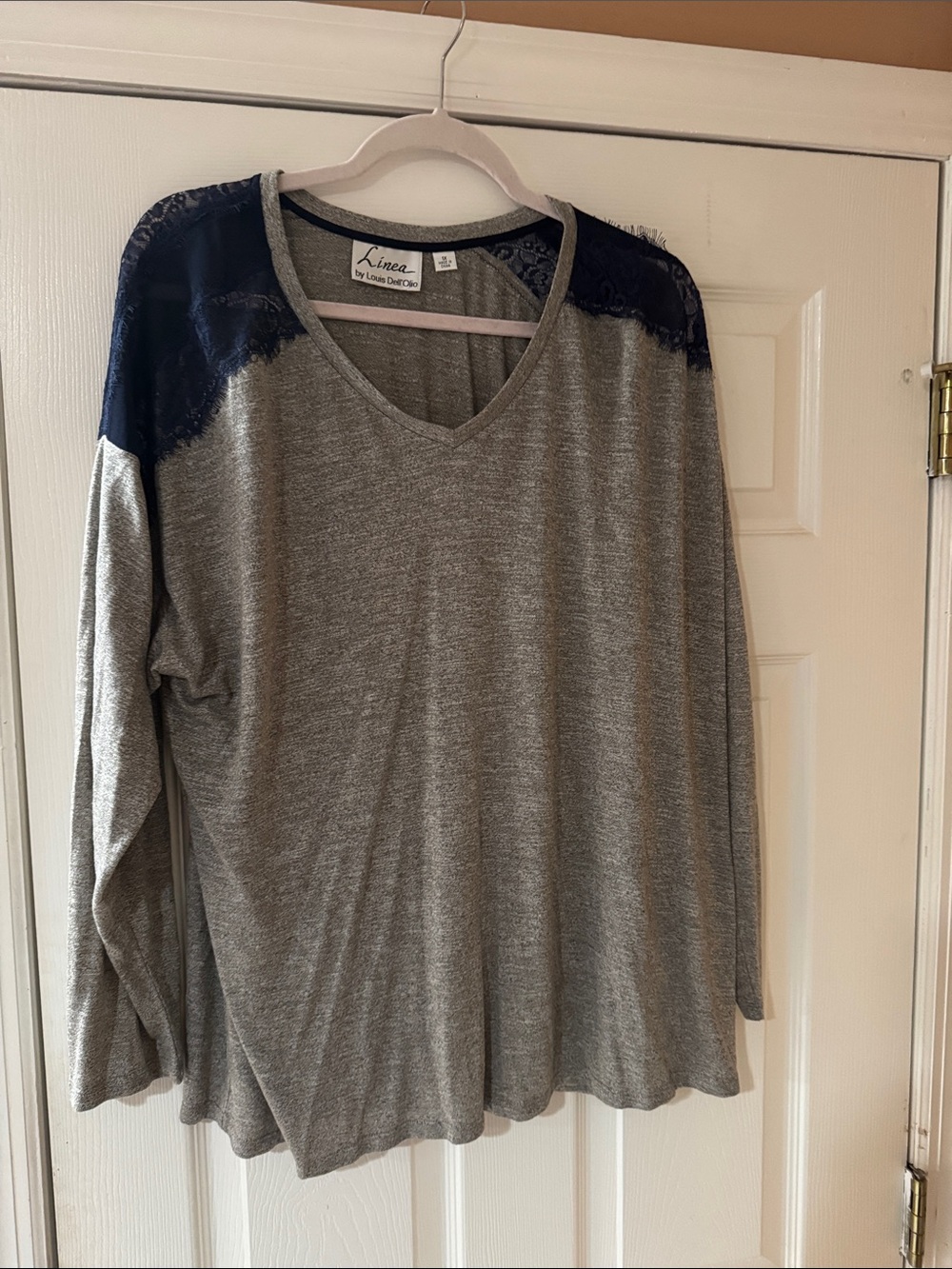Linea by Louis Dell'Olio Gray Long Sleeve V-Neck Top with Navy Lace Yoke